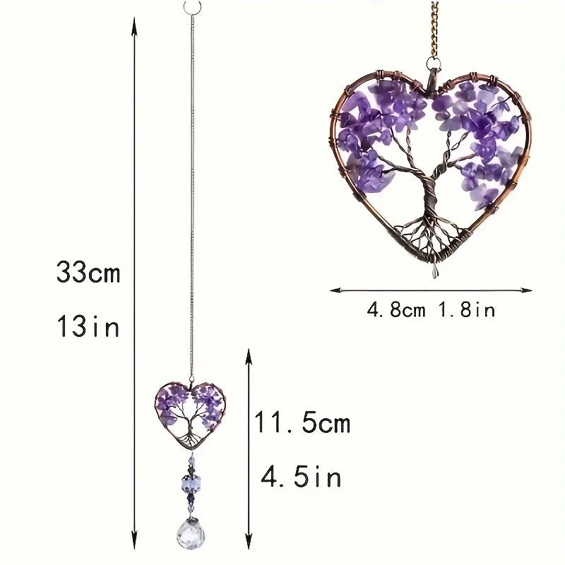 1pc Rainbow Crystal Sun Catcher, Tree Of Life Suncatchers Heart Shaped Hanging Ornament Chakra Stones Window Crystal Ball Prism