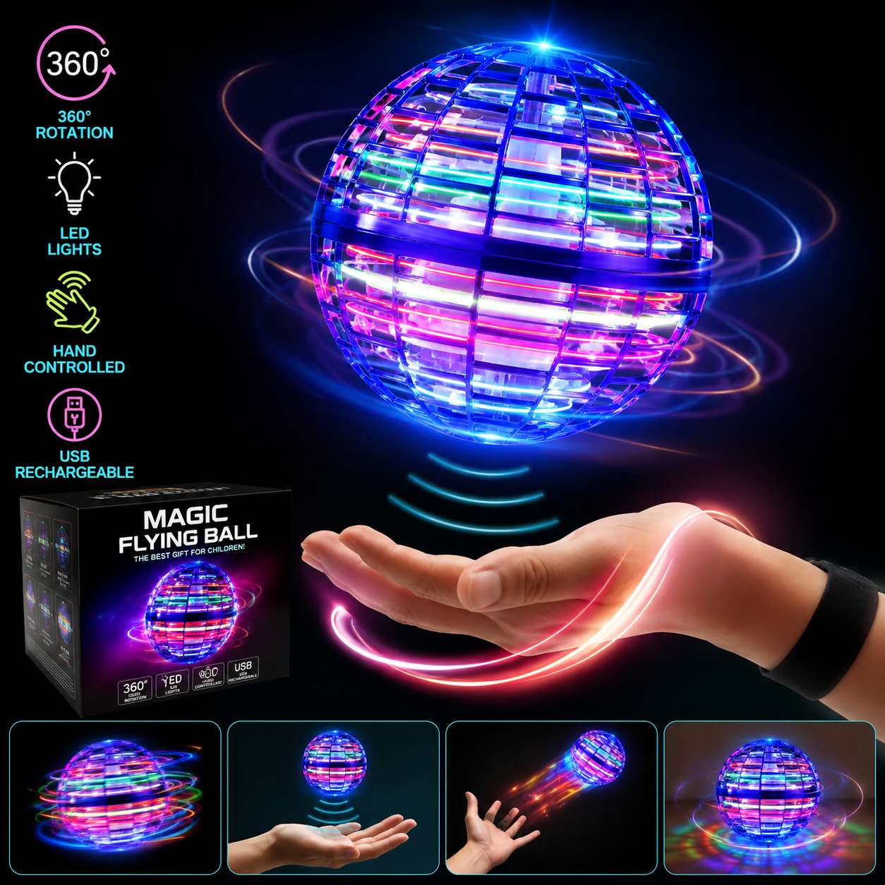 Magic Flying Ball LED Hover Spinner Hand Controlled Boomerang Toy Gift Kids
