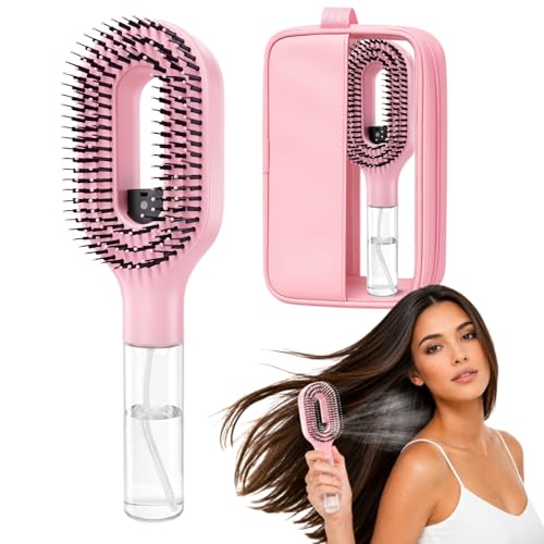 Hair Brush with Water Spray, 2-in-1 Misting Detangler for Wet Dry Curly Hair, Liquid Spraying Styling Tool with Refillable Bottle and Waterproof Storage Bag, Portable Travel Hairbrush Set