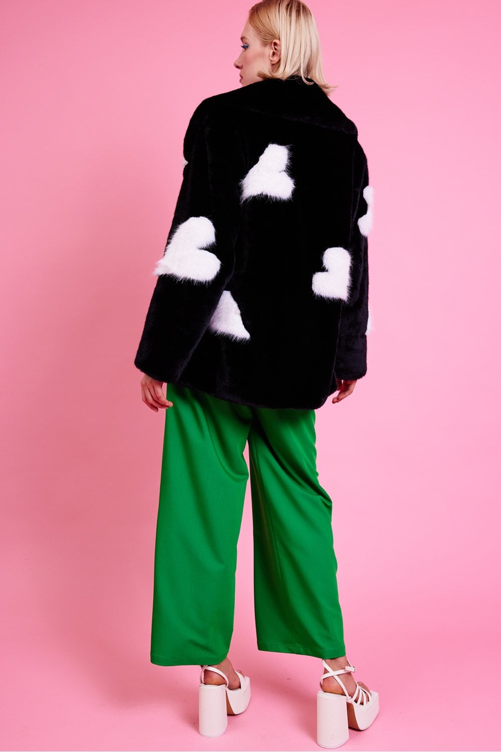 Black Eco Bamboo Faux Fur Coat with Love Heart Detailing
