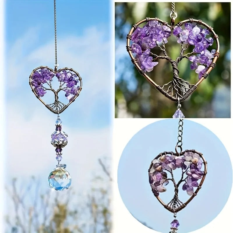 1pc Rainbow Crystal Sun Catcher, Tree Of Life Suncatchers Heart Shaped Hanging Ornament Chakra Stones Window Crystal Ball Prism