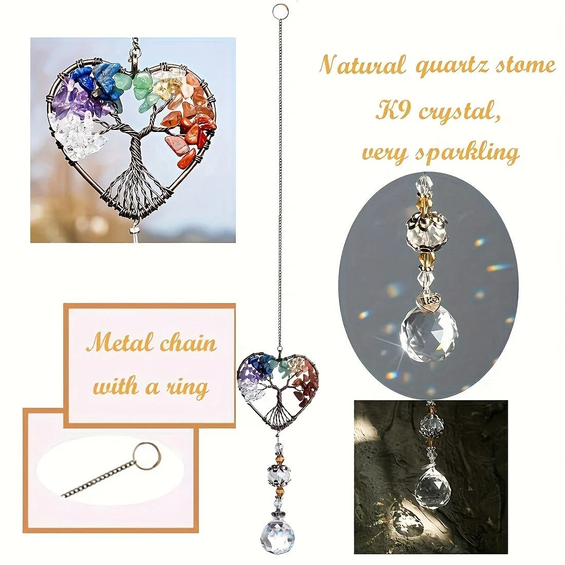 1pc Rainbow Crystal Sun Catcher, Tree Of Life Suncatchers Heart Shaped Hanging Ornament Chakra Stones Window Crystal Ball Prism