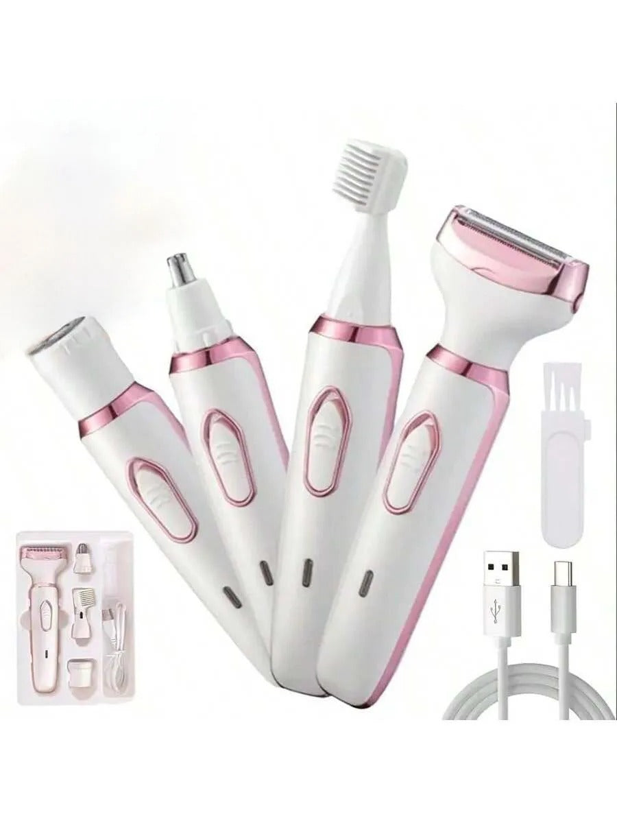 4-in-1 Rechargeable Electric Lady Shaver Set - Portable 500mAh Wet & Dry Painless Trimmer for Face, Nose, Legs & Underarms