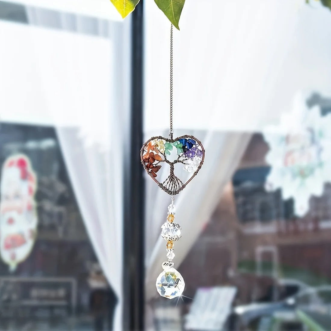 1pc Rainbow Crystal Sun Catcher, Tree Of Life Suncatchers Heart Shaped Hanging Ornament Chakra Stones Window Crystal Ball Prism