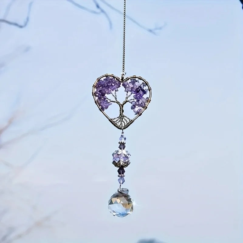 1pc Rainbow Crystal Sun Catcher, Tree Of Life Suncatchers Heart Shaped Hanging Ornament Chakra Stones Window Crystal Ball Prism